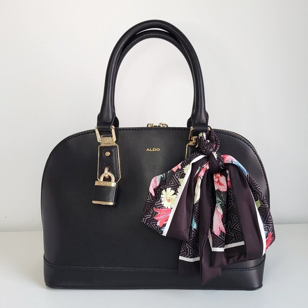 Like New ALDO Black Satchel Bag • Gold Lock • Floral Scarf • Crossbody Strap